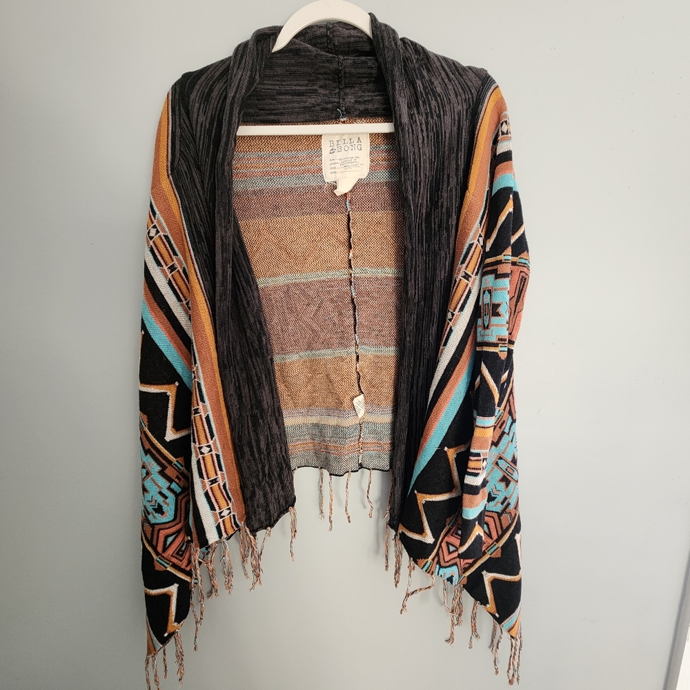 Billabong Knit Open Front Southwest Aztec Tribal Print Boho Fringe Cardigan